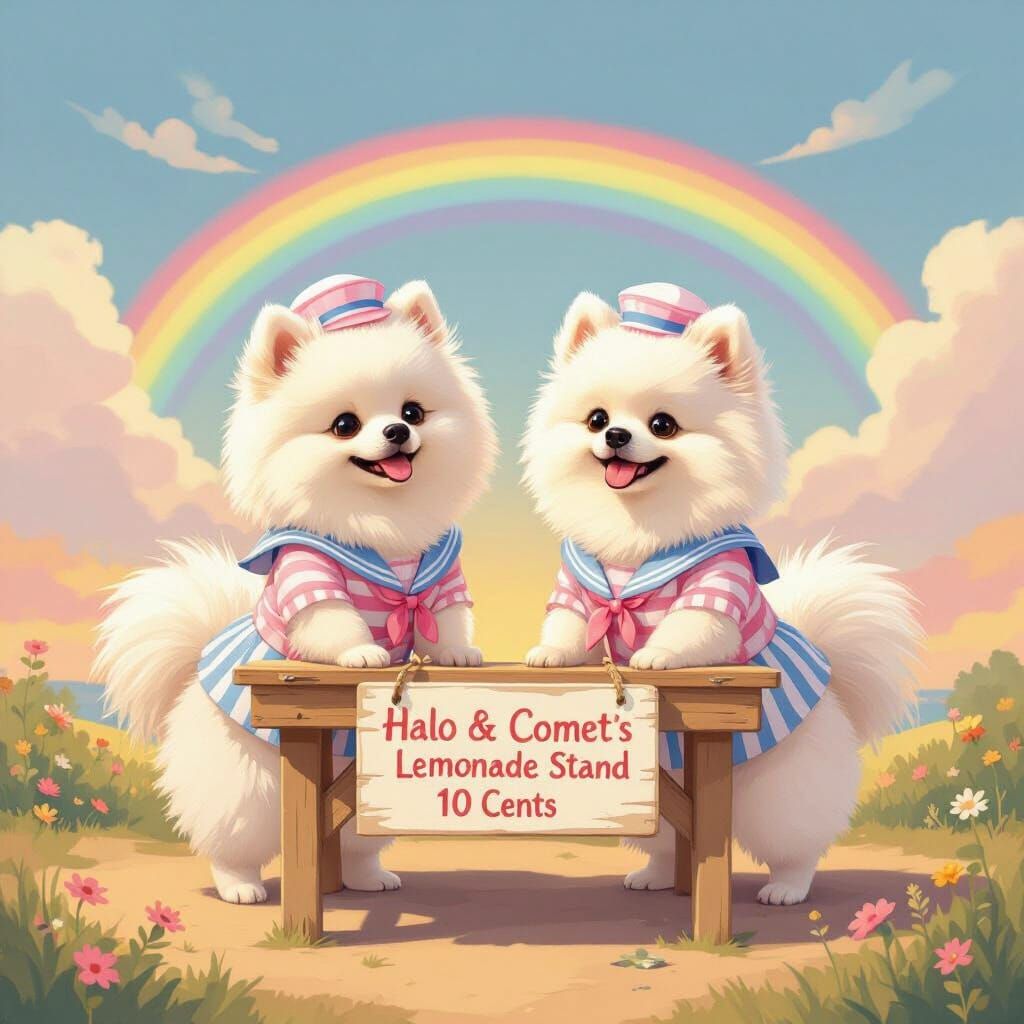 Pomeranians Run Lemonade Stand Under Rainbow
