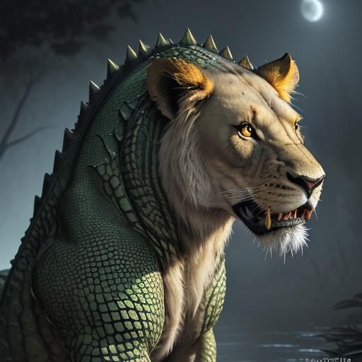 Hyperrealistic Lion-Alligator Hybrid in Foggy Swamp