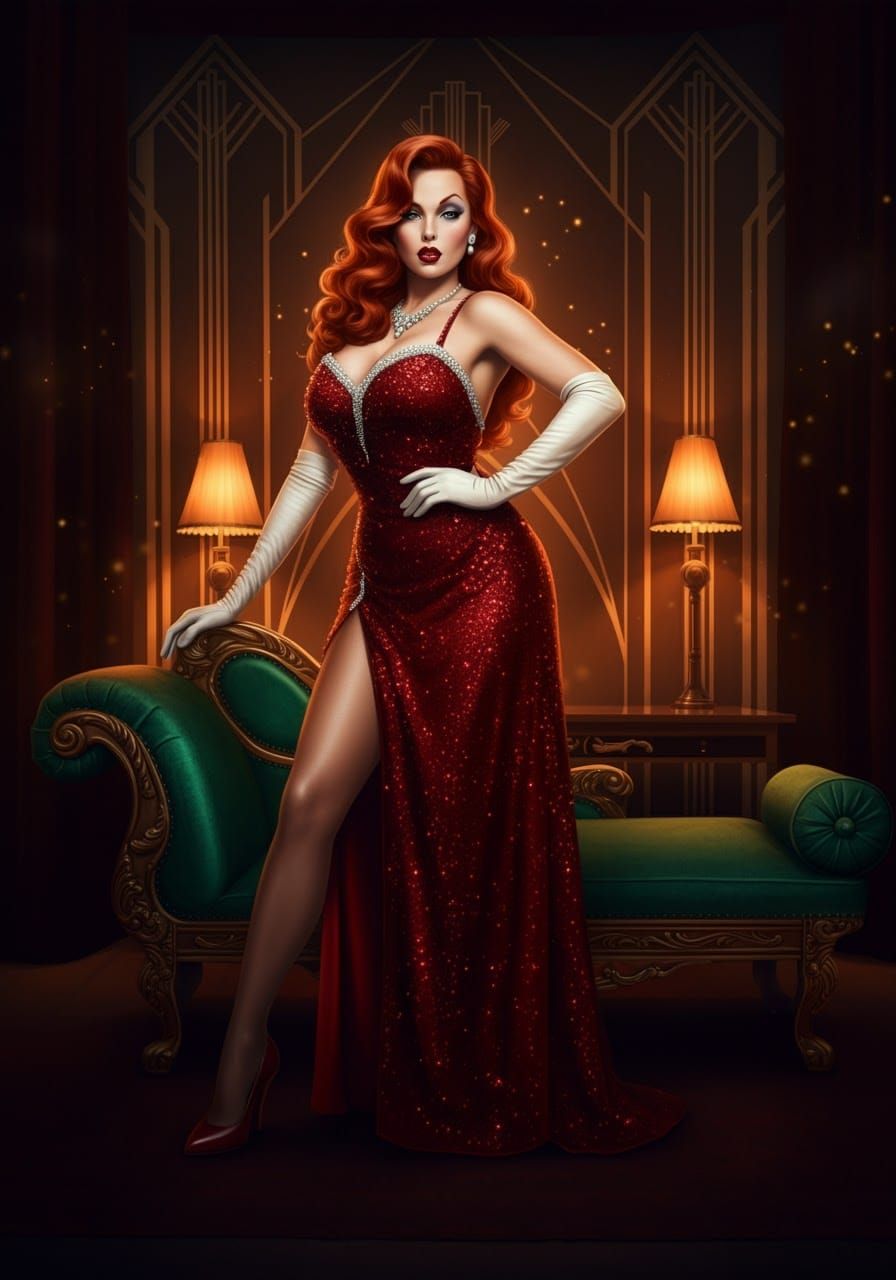 Sultry Retro Goddess in Crimson Evening Gown