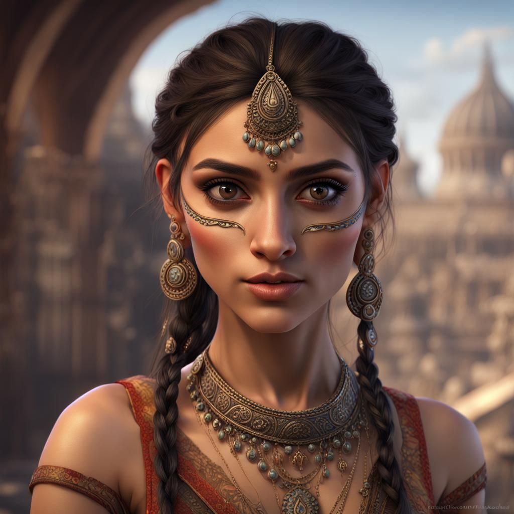 Detailed Matte Painting of a Mixed German Indian Woman