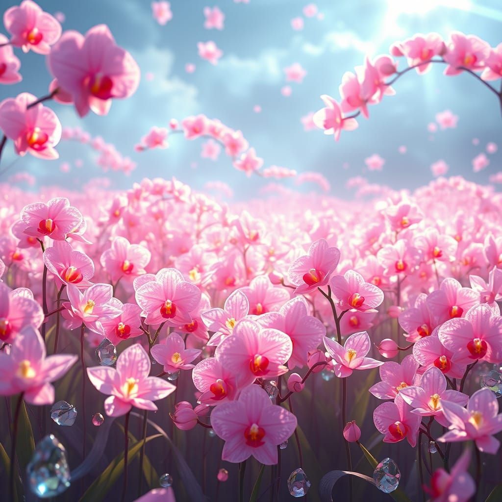 Crystalline Orchid Field Glowing in 3D Anime Style