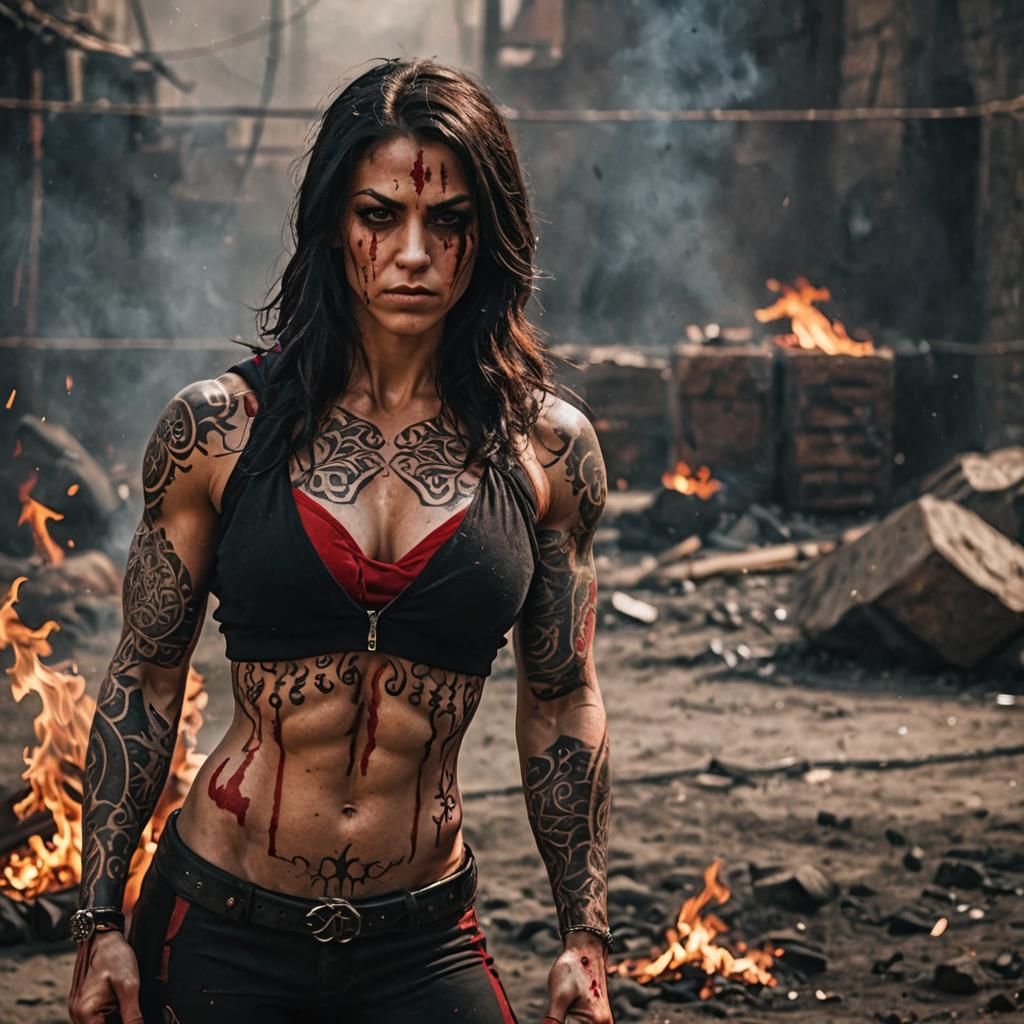 Fierce Tattooed Warrior Woman with a Determined Gaze