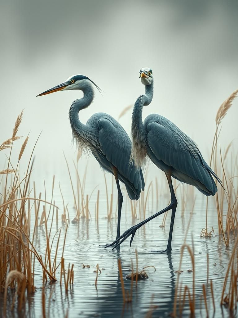 Mystical Herons in Misty Reeds, Illustrative Digital Paintin...