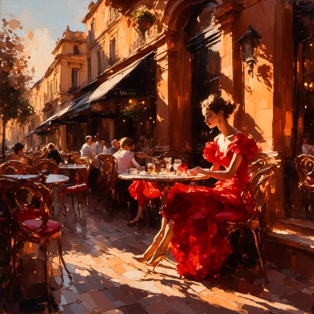 Baroque Oil Painting of Woman at Italian Cafe