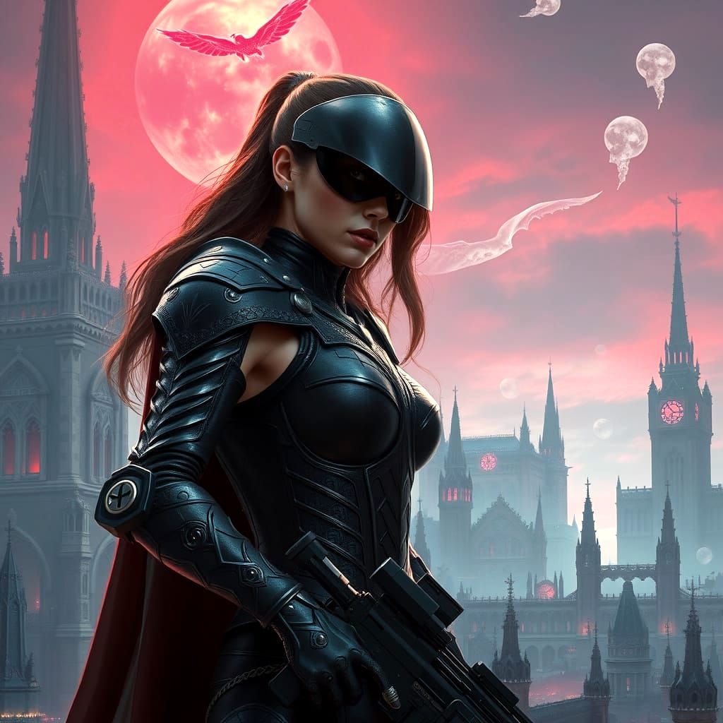 Futuristic Gothic Warrior in Ethereal Cityscape