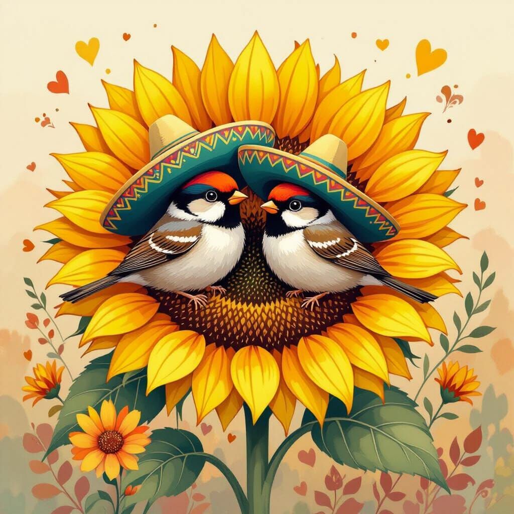 Sparrows in Sombreros Snuggle in Giant Sunflower