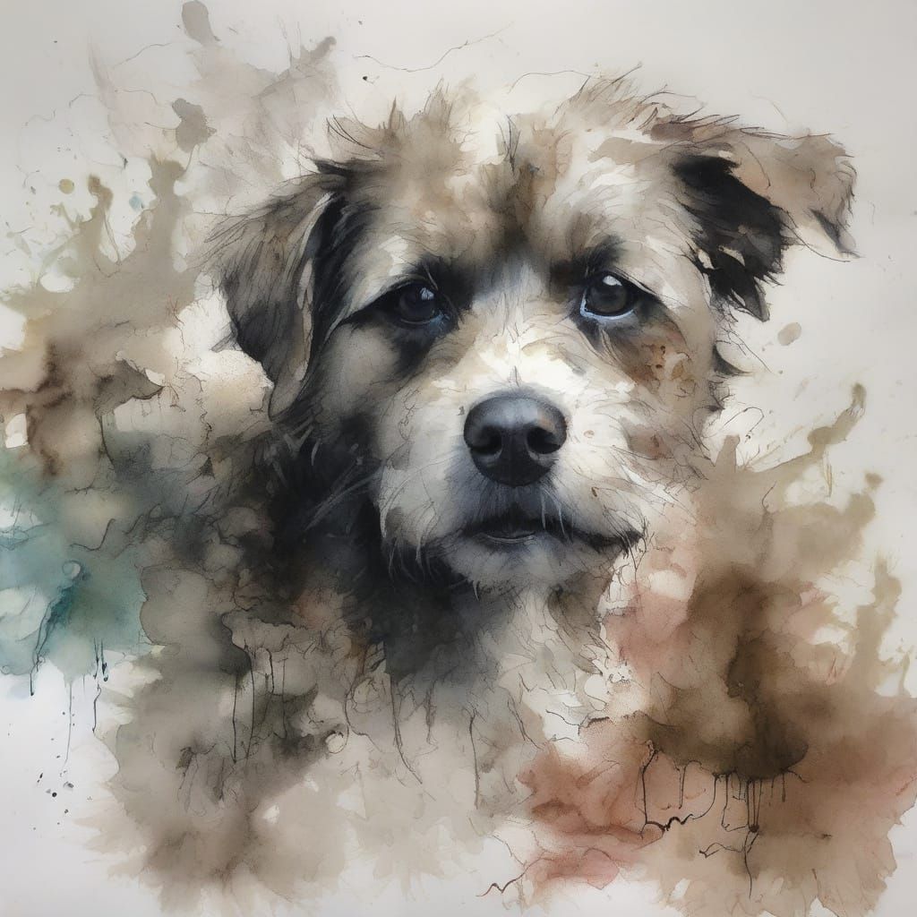 Surreal Ink Portrait of a Puppy with Vibrant Ink Splashes