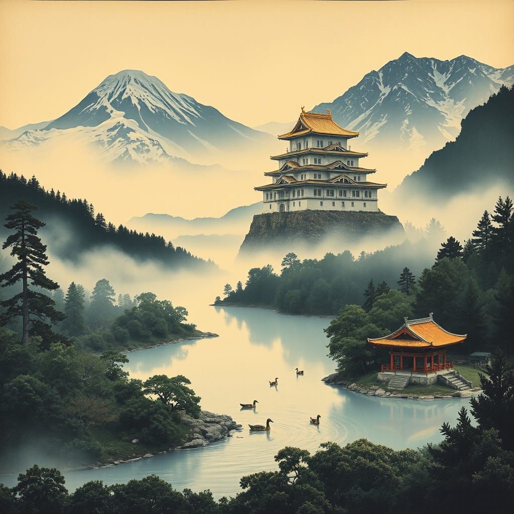 Samurai Castle in Hokusai Ukiyo-e Style