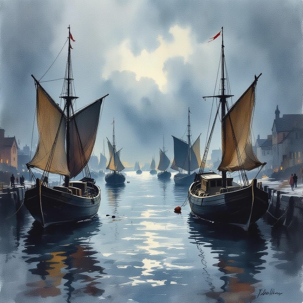 Moody Watercolor of Ancient Harbor with Silhouetted Boats