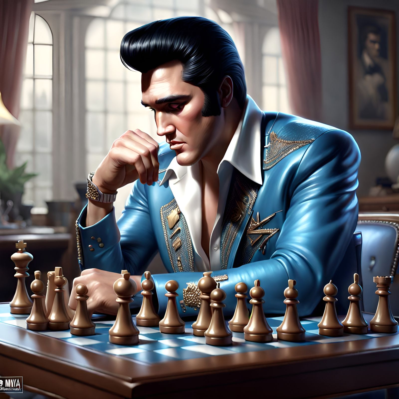 Elvis Presley Plays Chess: 3D Digital Art Portrait