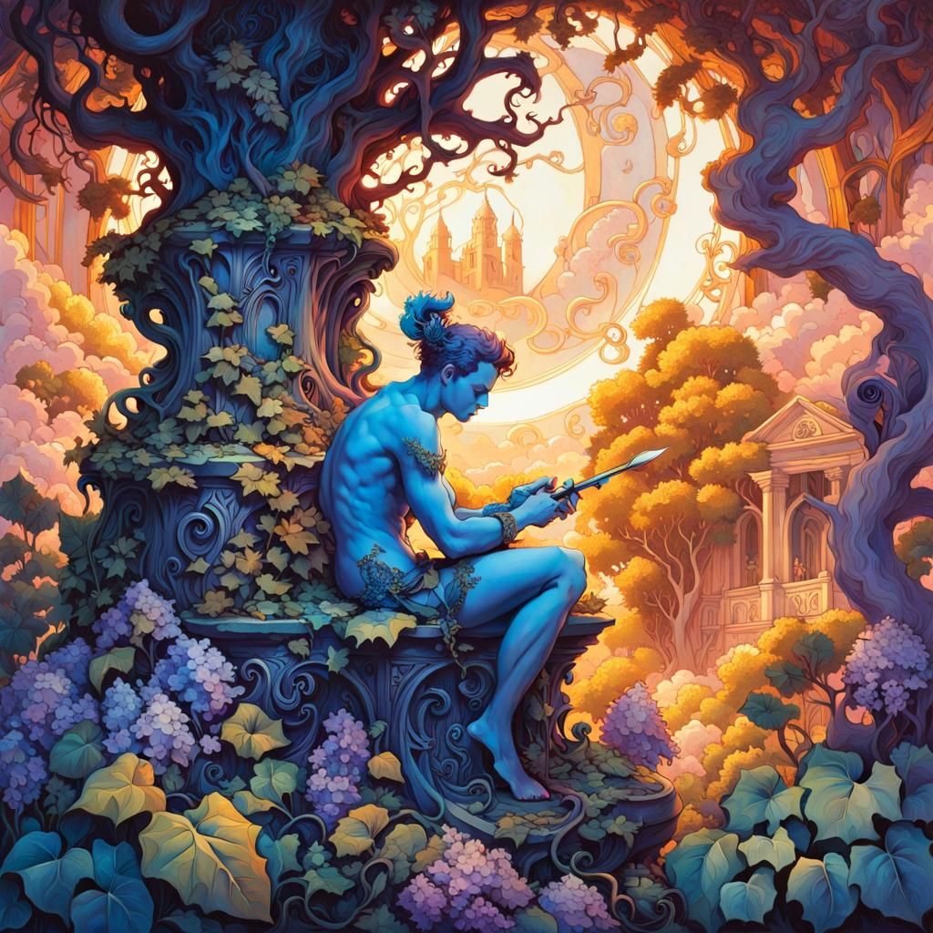 Satyr Playing Piccolo in Ruined Hall, Mixed Media