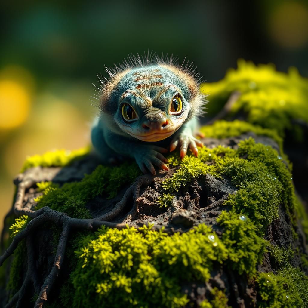 Fluffy Tugarin Serpent on Mossy Stump: Digital Art