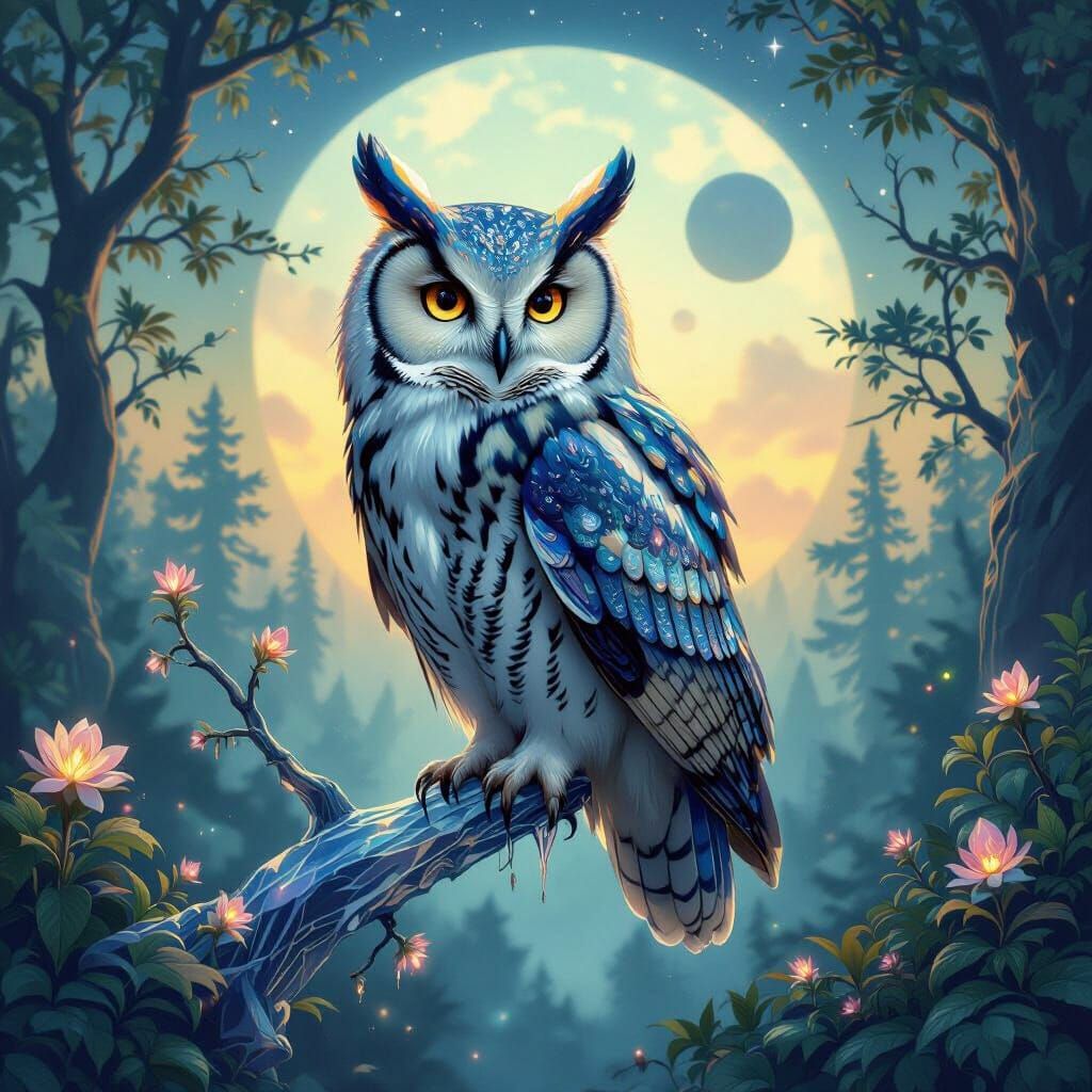 Nebula Owl on Crystal Branch in Alien Forest