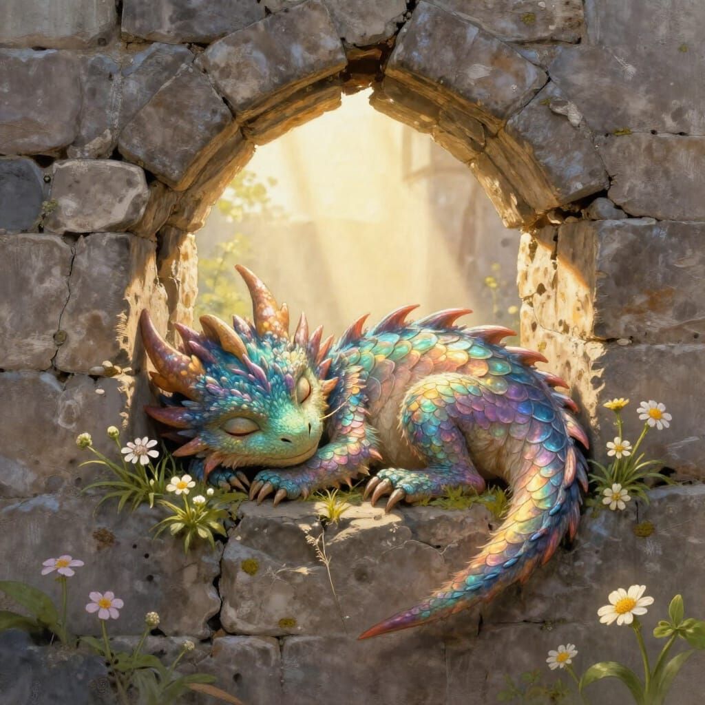 Miniature Dragon Sleeps in Castle Sunbeam