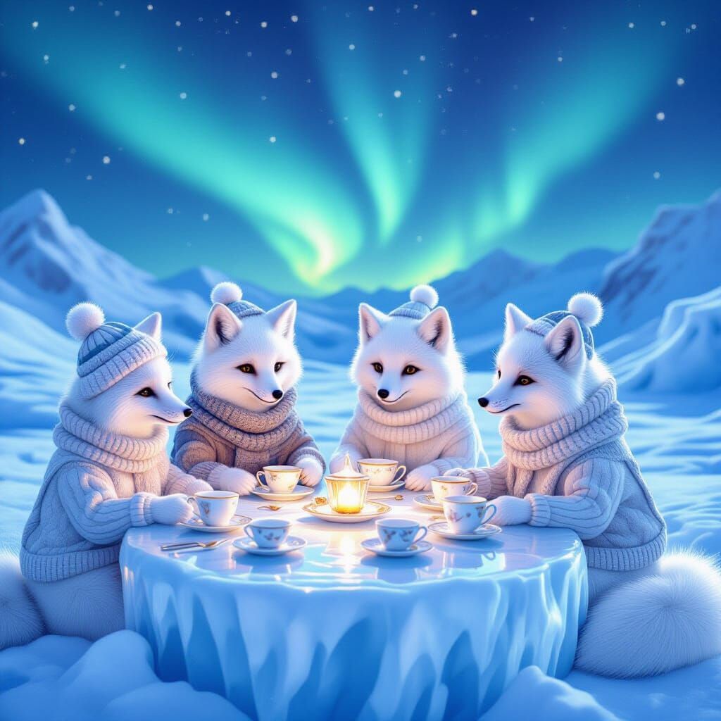 Arctic Foxes Host Elegant Tea Party on Glacier in Fantasy St...