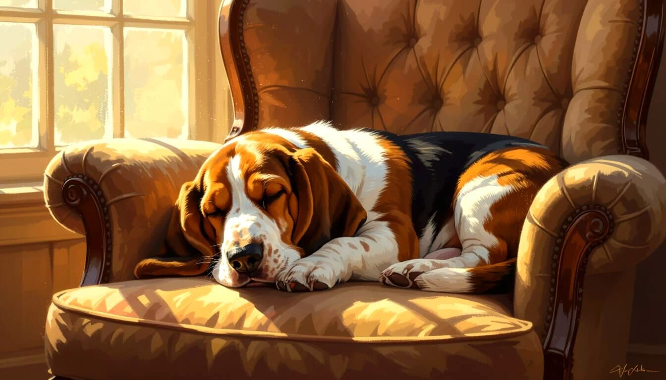 Sleepy Basset Hound Relaxing in Sunlit Armchair