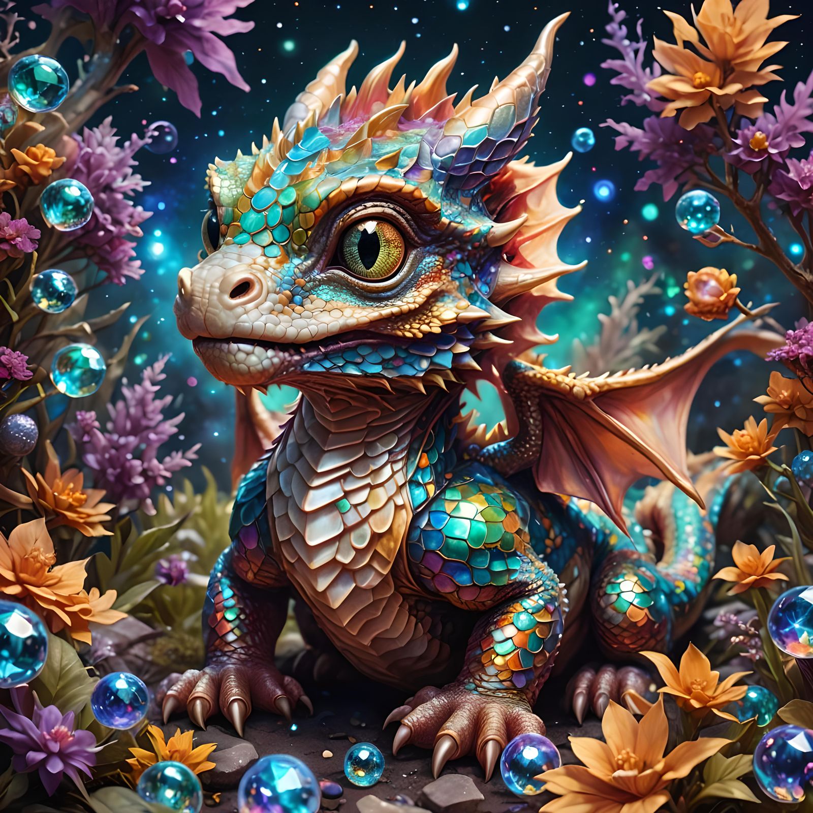 Cute Baby Dragon in Holographic Cosmic Style