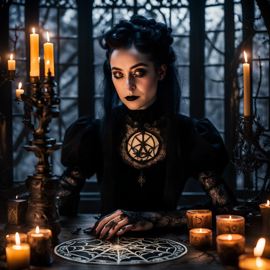 Gothic Model with Ouija Board in Dark Academia Style