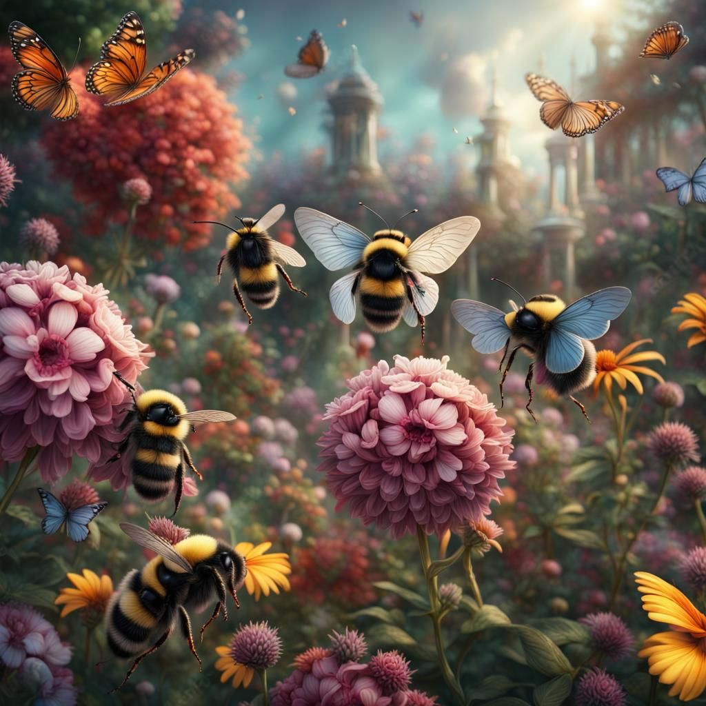 Bumblebees and Butterflies Pollinating Flowers in Garden