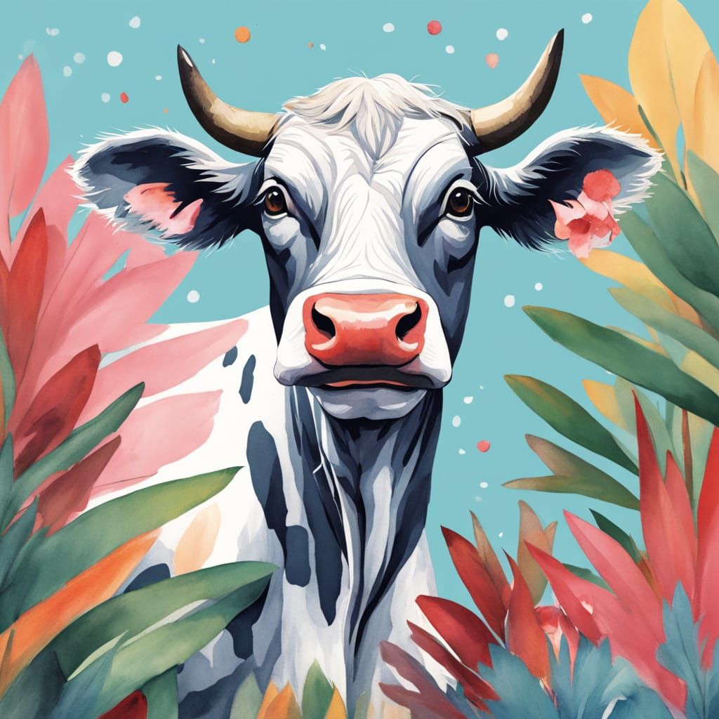 Whimsical Cow Portrait in Vibrant Watercolor