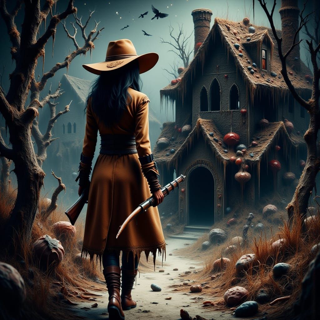 Gretel Approaches the Twisted Gingerbread House in Moonlit D...