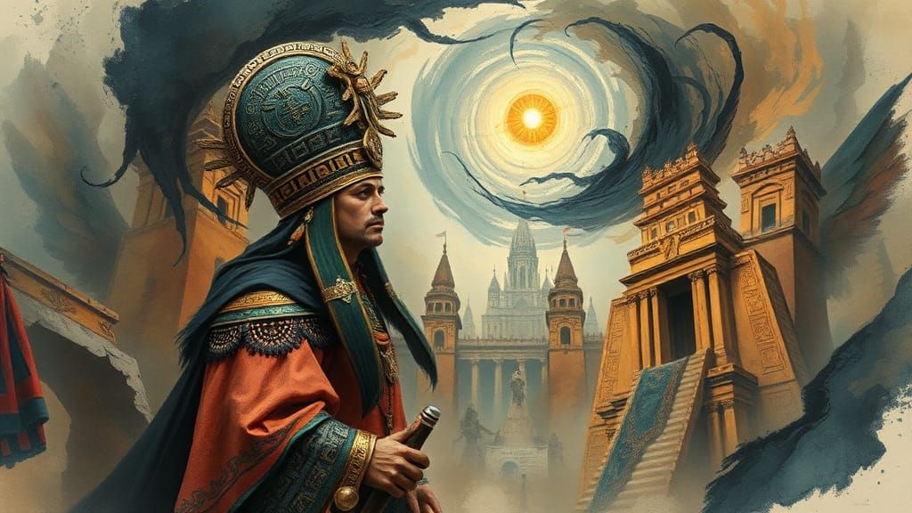 Surreal Aztec High Priest in Dreamlike Cityscape