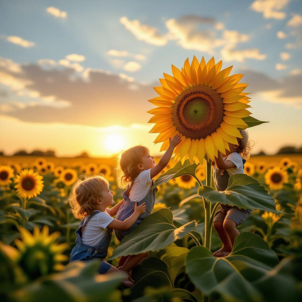 Children Climbing Giant Sunflower at Golden Hour Sunset