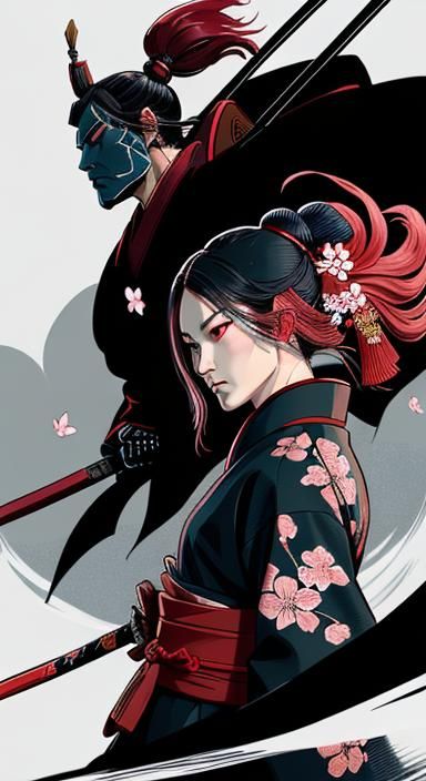 Samurai in Misty Forest: Ukiyo-e Style Woodblock Print