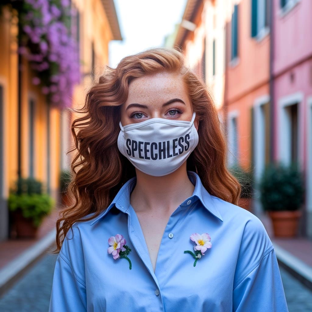 Italian Redhead in Soft Focus Street Portrait with Face Mask