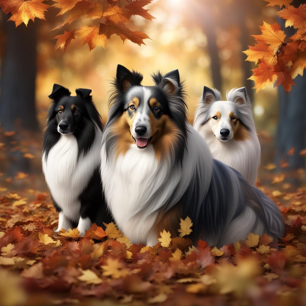 Shetland Sheepdogs in Autumn Leaves