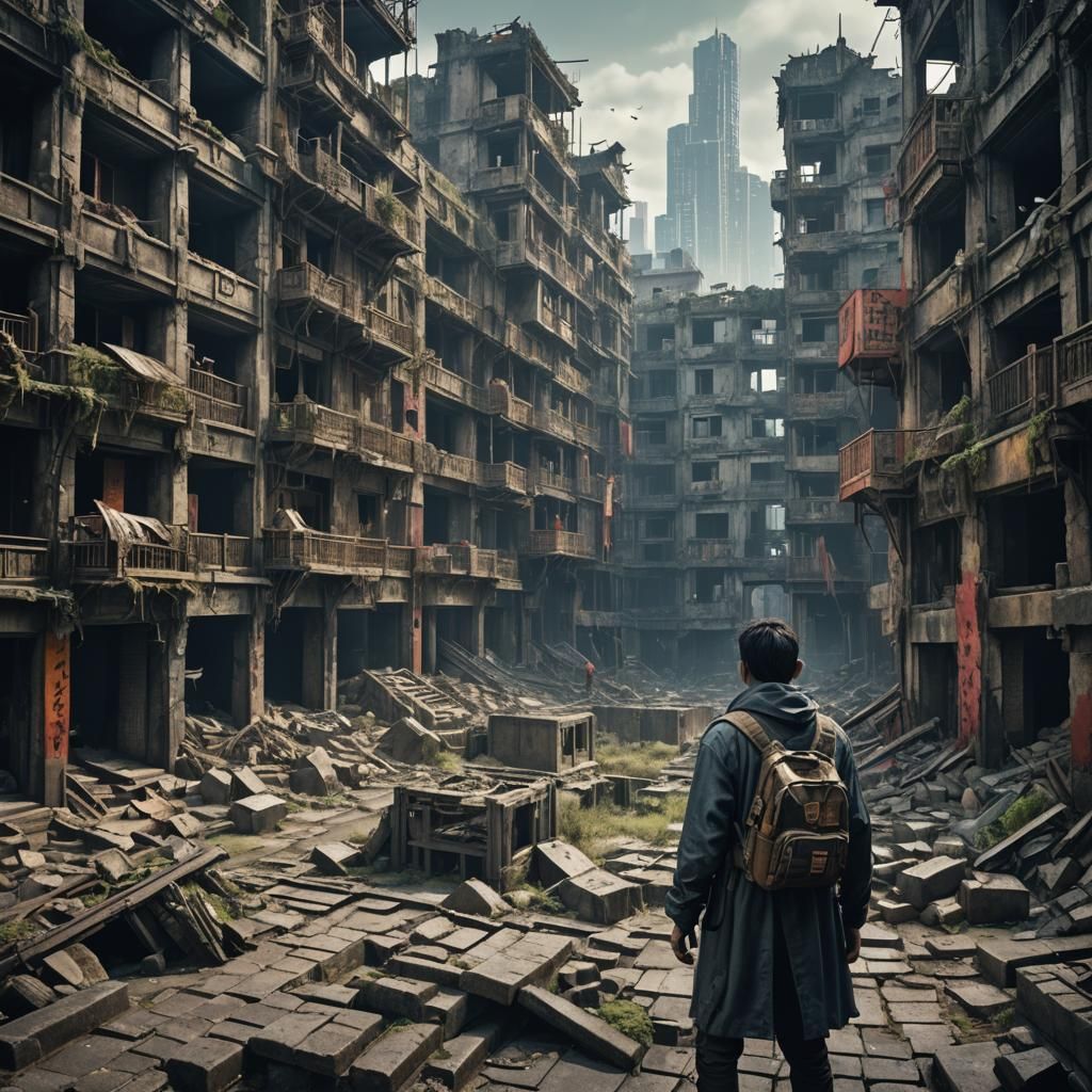 Apocalyptic Kowloon Walled City Ruins in Detailed Matte Pain...