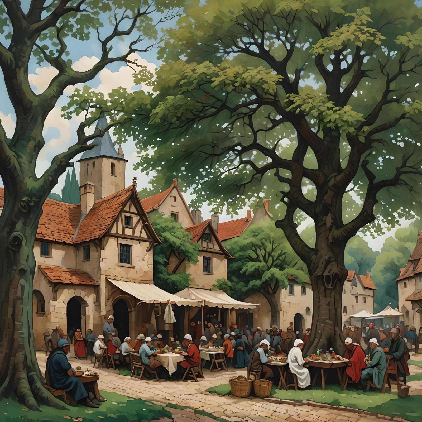 Medieval Village Marketplace in Ink and Watercolour