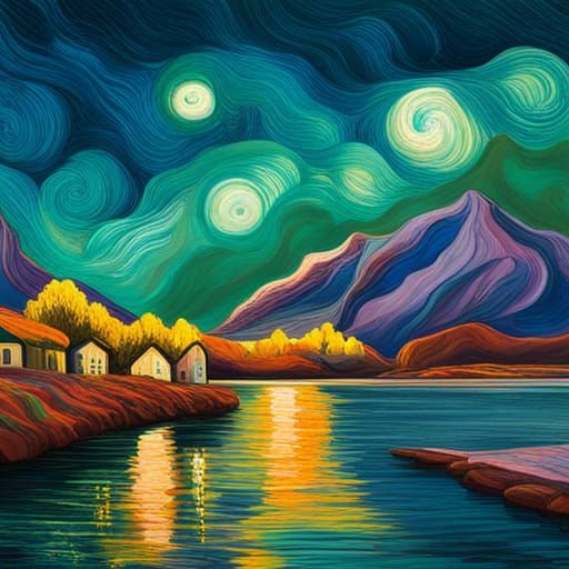 Fjord Aurora at Night in Van Gogh Style