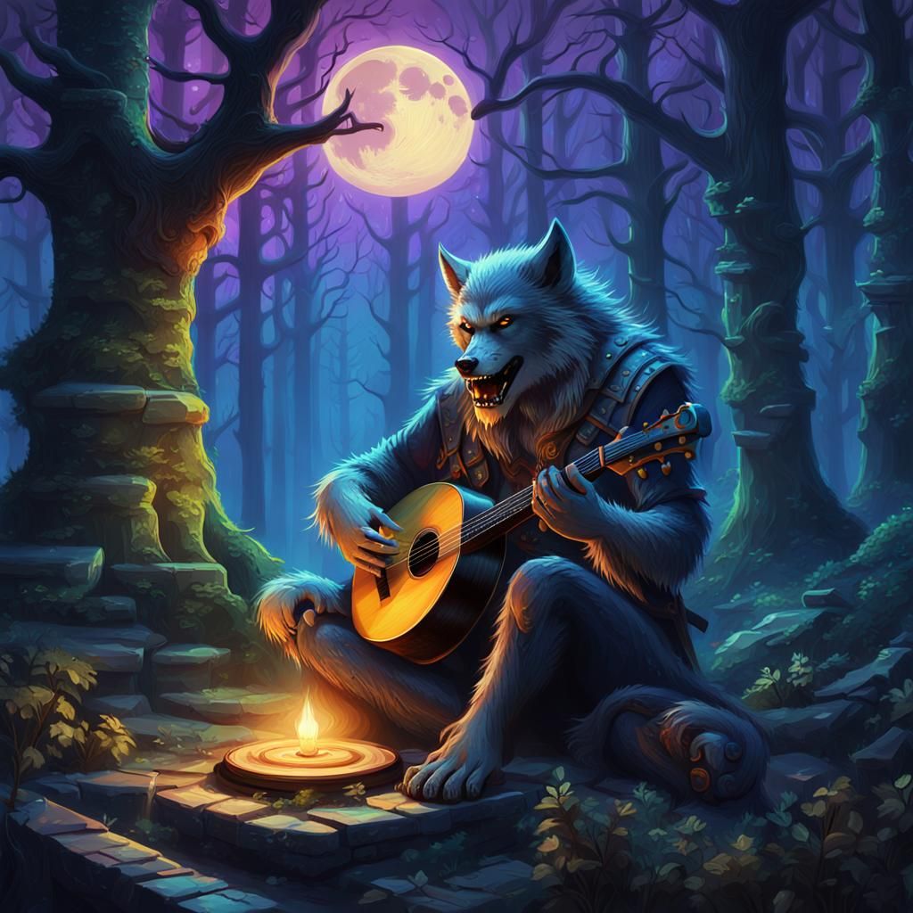 Werewolf Musician in Mystical Forest: Fantasy Art