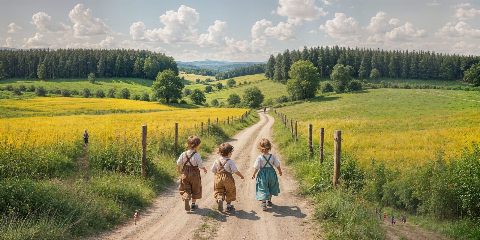 Children Play on Country Road Amidst Lush Nature