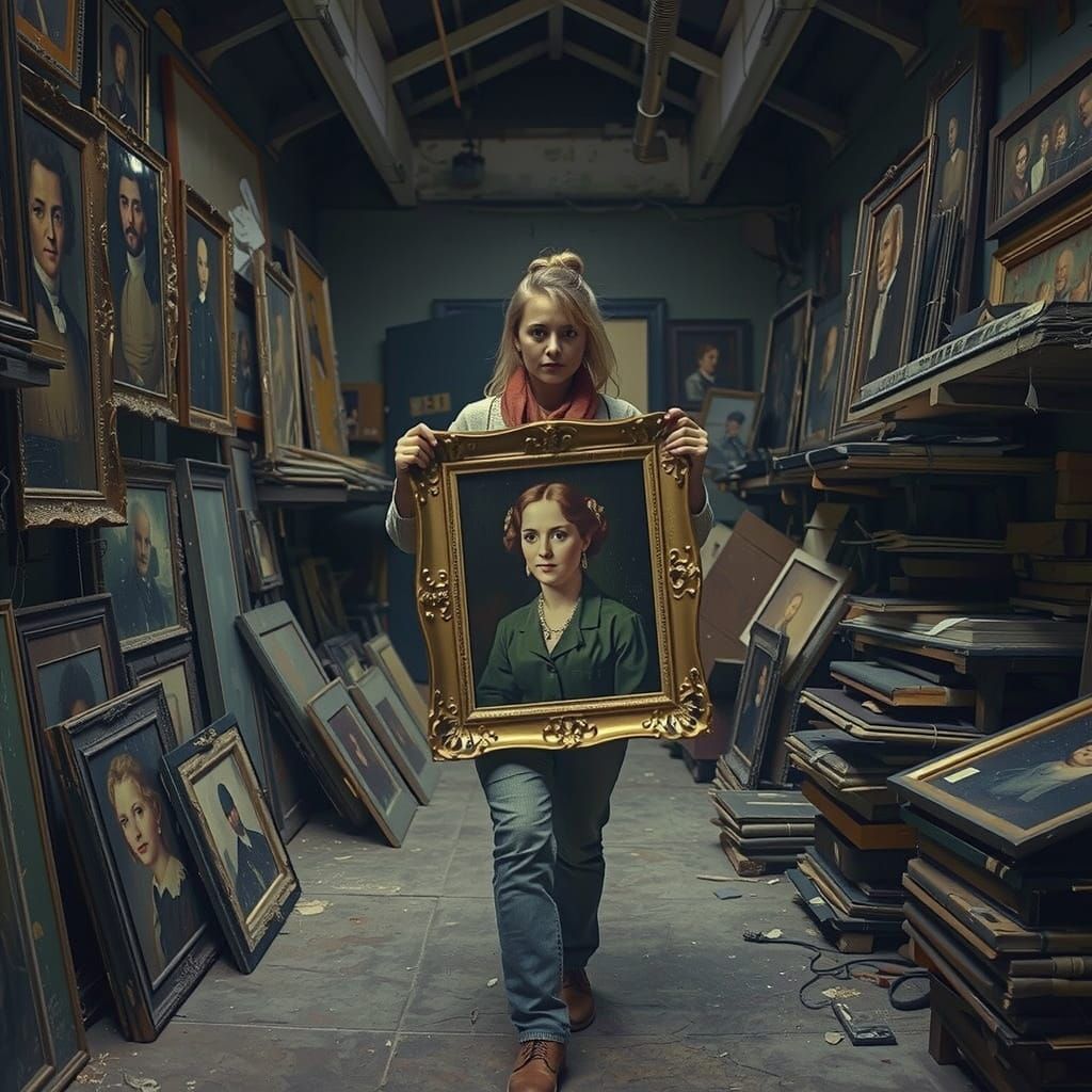 A Mysterious Portrait Escort in a Dusty, Forgotten Gallery