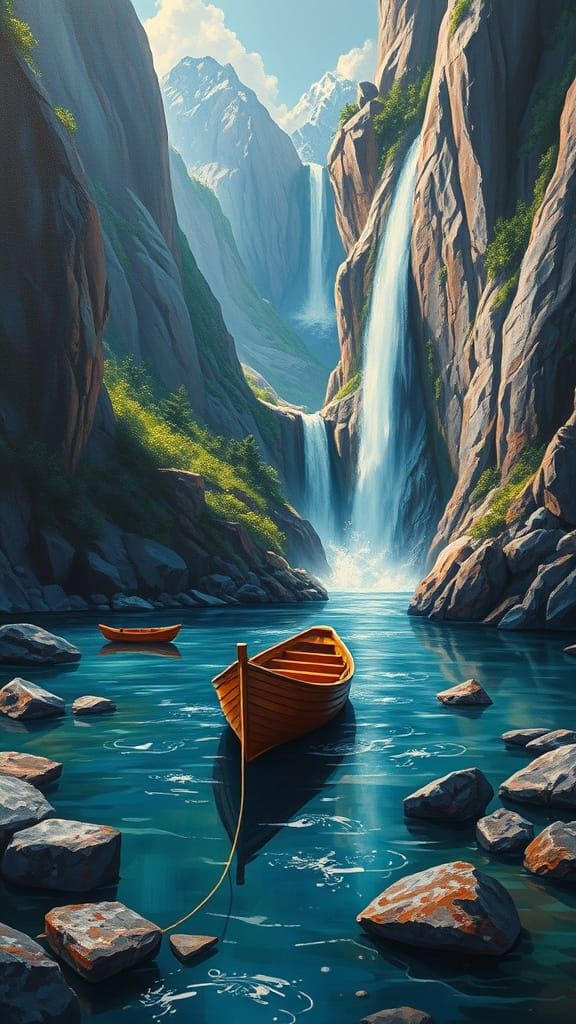 Unmoored Boat Floats Down a Mountain Stream nearing a Waterf...