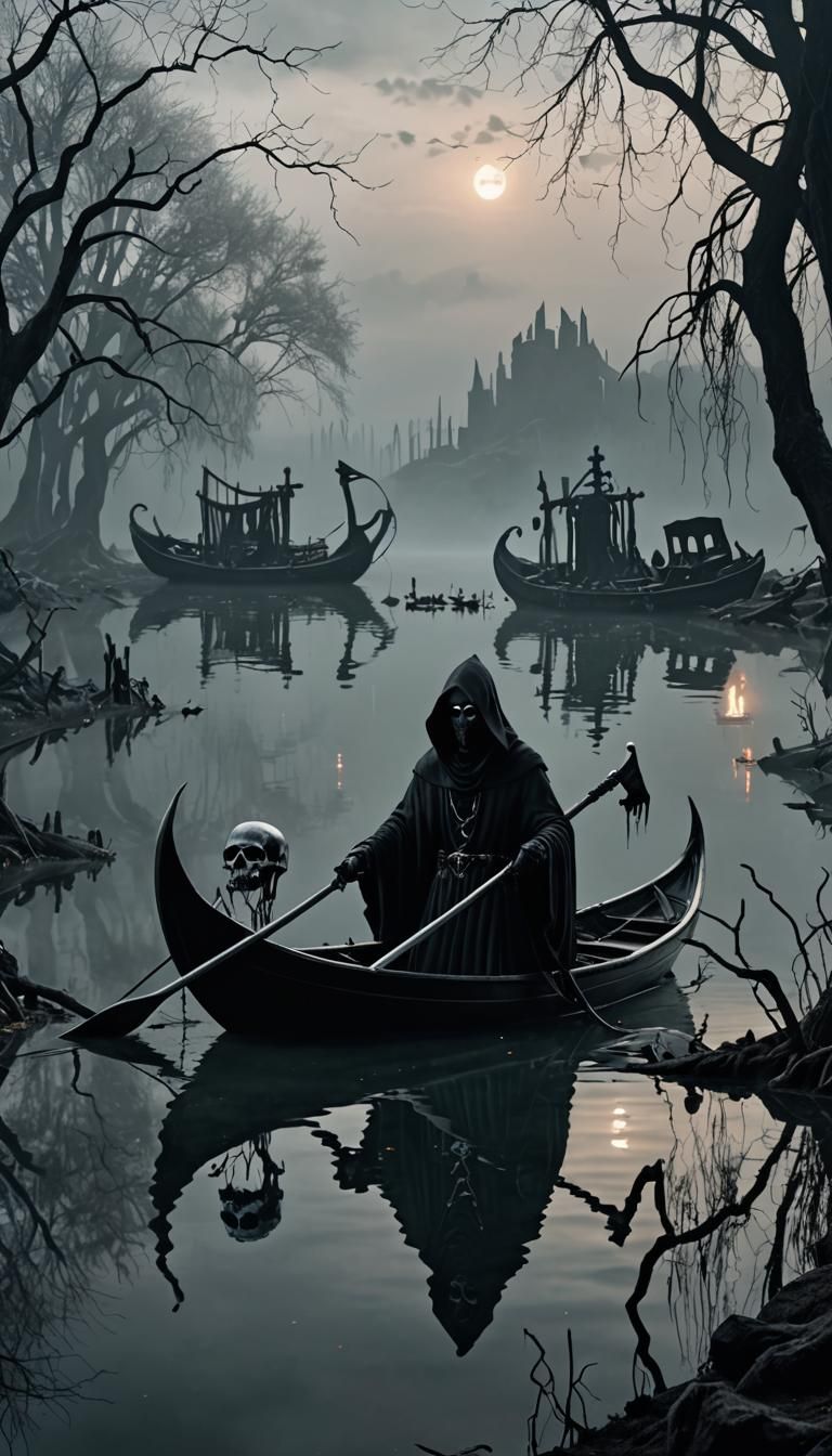 Crystal Grim Reaper Guides Souls on Gothic Lake