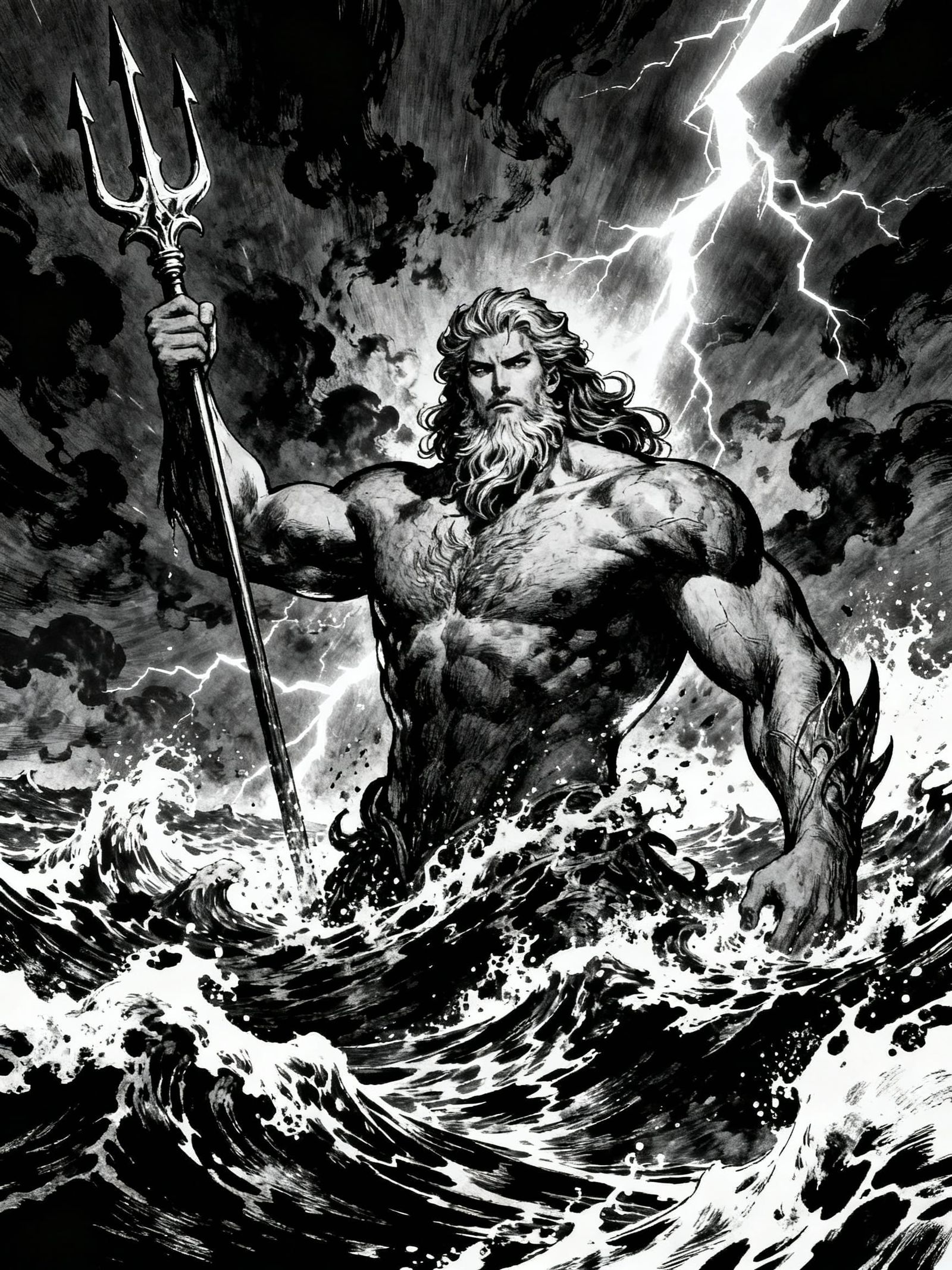 Poseidon Rises from Stormy Sea in Dark Fantasy Style