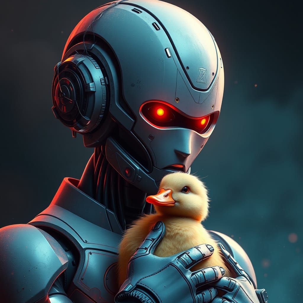 Retro Robot Hugs Duckling in Dynamic Concept Art