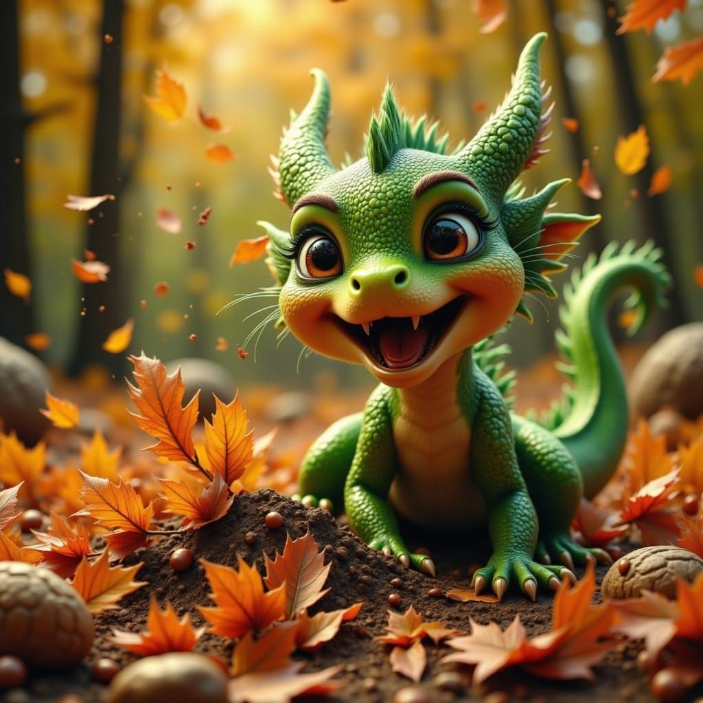 Playful Emerald Dragon Joyfully Kicking Autumn Leaves