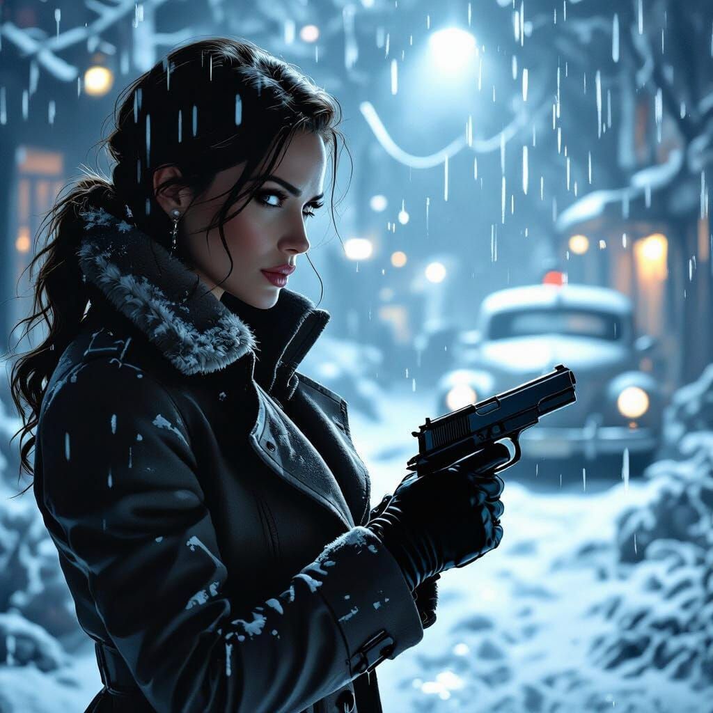 Woman Detective Investigates Frosty Crime Scene in Noir Styl...