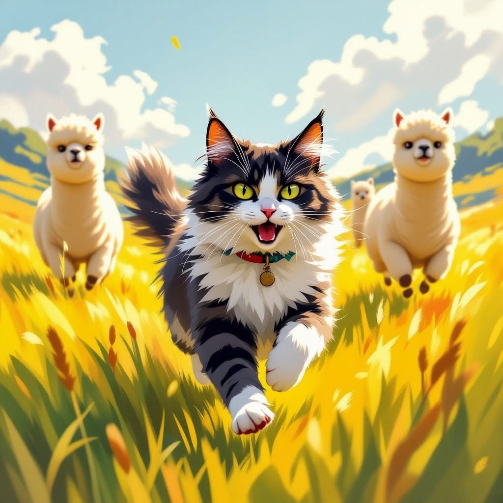 Cat's Swift Escape Across Meadow, Digital Painting
