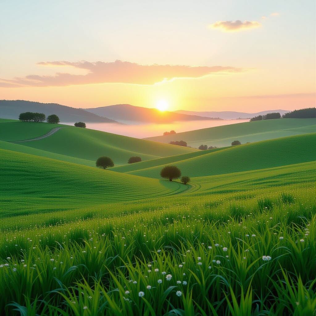 Green Valleys at Sunrise in Impressionist Style