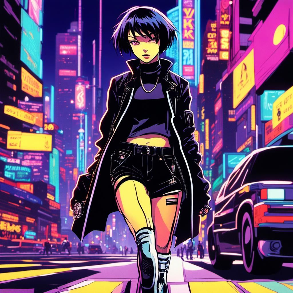 Anime Woman in Neon Cityscape at Night