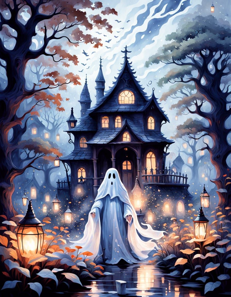 Friendly Ghost Tends Mystical Garden in Whimsical Watercolor...