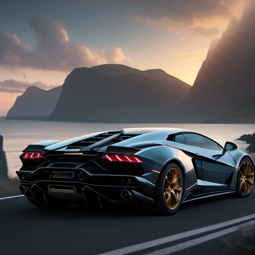 Lamborghini on Coastal Road at Sunset, Oil Painting