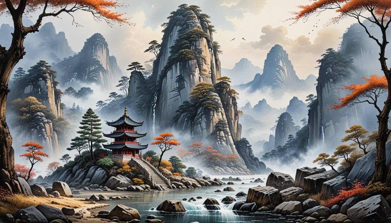 Pagoda in Rocky Landscape, Chinese Watercolor Painting