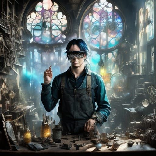 Anime Inventor with Automaton Bird, Ghibli Style