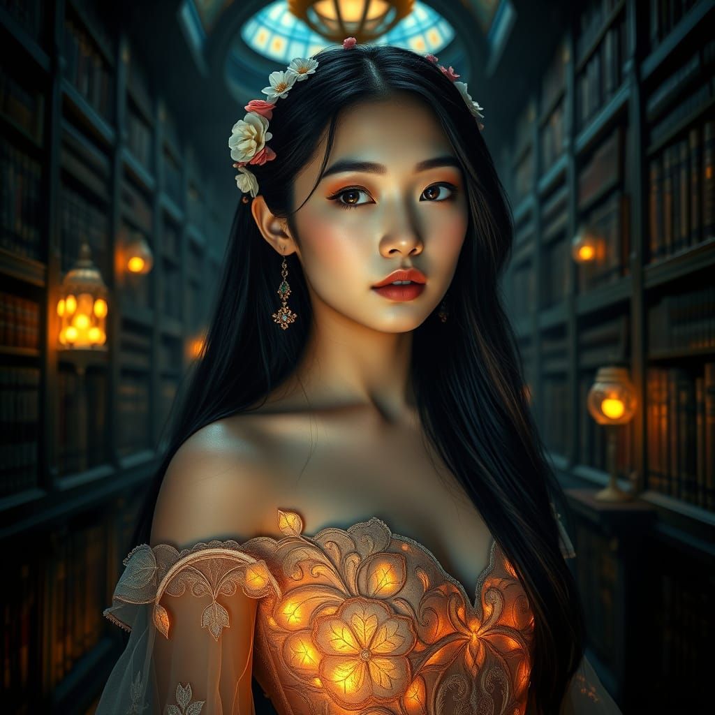 Taiwanese Woman in Library, Art Nouveau Style